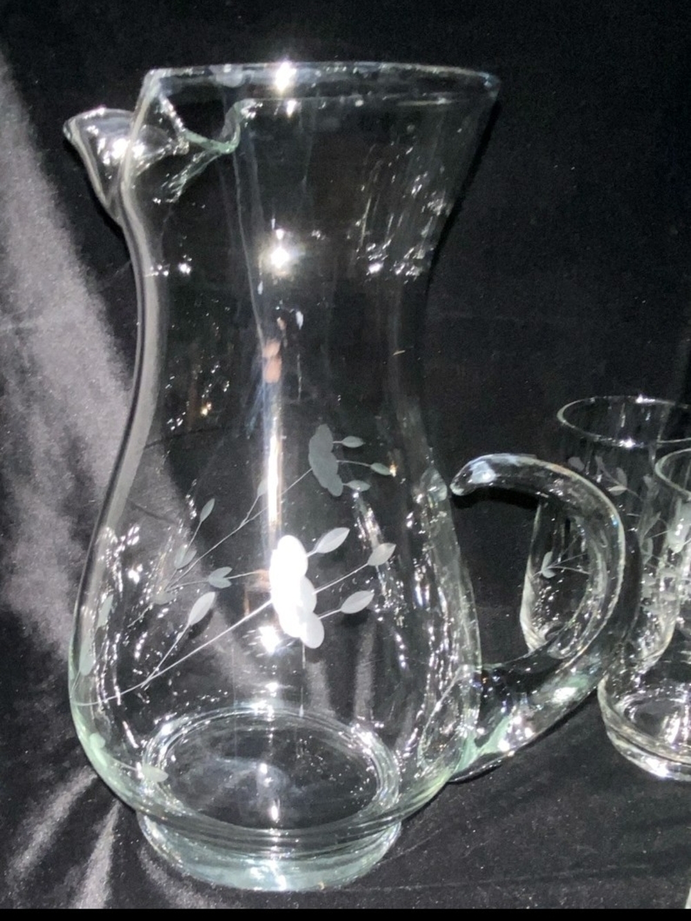 Princess House Clear Etched Floral Glass Pitcher and 4 Glasses